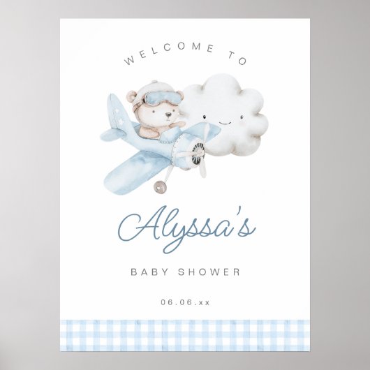 Vliegtuig en Teddy Bear Baby shower Welkomstbord Poster (Voorkant)