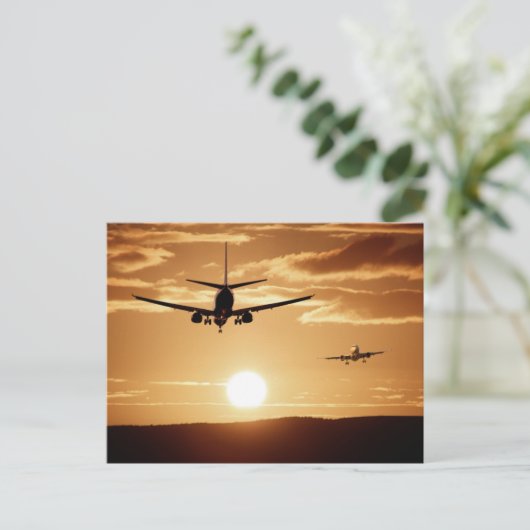 Vliegtuig en zonsondergang briefkaart (Staand voorkant)