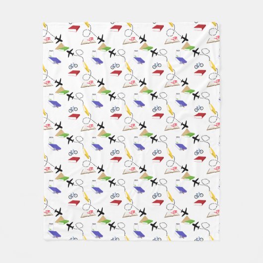 Vliegtuig, fiets, boeken, rood, geel, blauw reizen fleece deken (Voorkant)