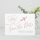 Vliegtuig hartroze luchtbestemming bruiloft save the date (Staand voorkant)