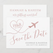 Vliegtuig hartroze luchtbestemming bruiloft save the date (Voorkant / Achterkant)