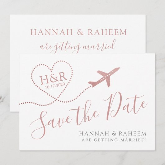 Vliegtuig hartroze luchtbestemming bruiloft save the date (Voorkant / Achterkant)