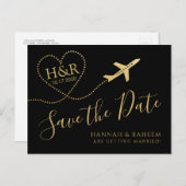 Vliegtuig — Heart Destination Wedding Save the Dat Aankondigingskaart (Voorkant / Achterkant)
