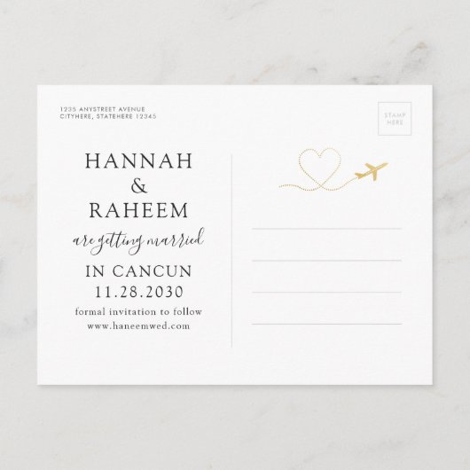 Vliegtuig — Heart Destination Wedding Save the Dat Aankondigingskaart (Achterkant)