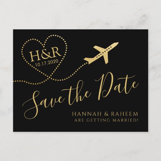 Vliegtuig — Heart Destination Wedding Save the Dat Aankondigingskaart (Voorkant)