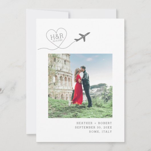Vliegtuig Heart Monogram Bestemming Weduwfoto Save The Date (Voorkant)