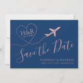 Vliegtuig Heart Roos Gold en Navy Blue Destination Save The Date (Voorkant)