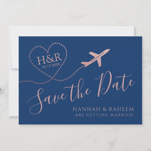 Vliegtuig Heart Roos Gold en Navy Blue Destination Save The Date (Voorkant)