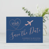 Vliegtuig Heart Roos Gold en Navy Blue Destination Save The Date (Staand voorkant)