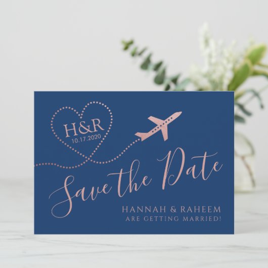 Vliegtuig Heart Roos Gold en Navy Blue Destination Save The Date (Staand voorkant)