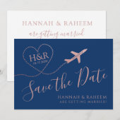 Vliegtuig Heart Roos Gold en Navy Blue Destination Save The Date (Voorkant / Achterkant)
