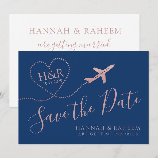 Vliegtuig Heart Roos Gold en Navy Blue Destination Save The Date (Voorkant / Achterkant)