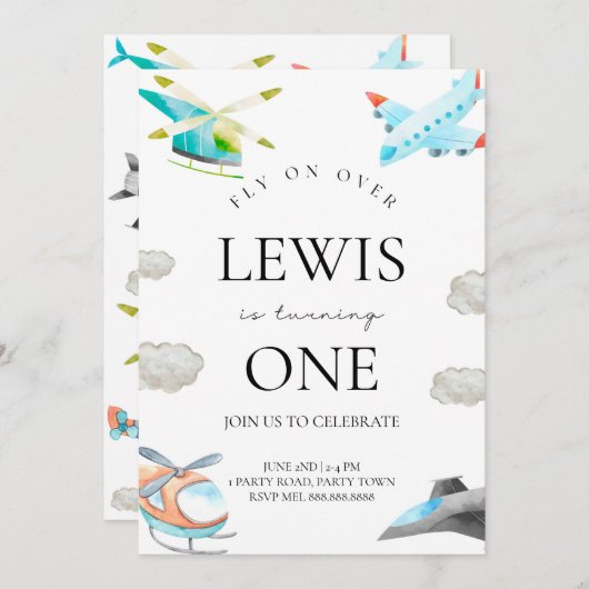 Vliegtuig & Helikopter Verjaardag uitnodiging voor (Voorkant / Achterkant)