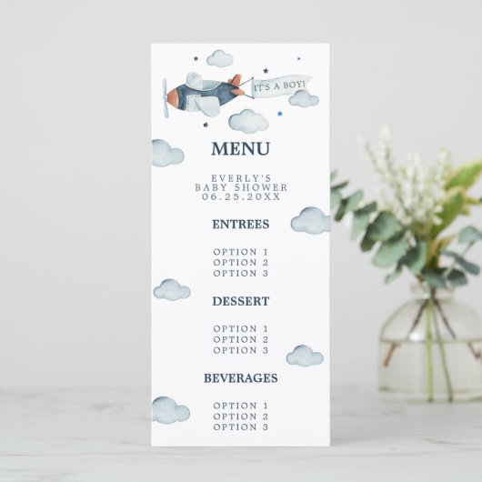vliegtuig Het is een Baby shower-menu Menu (Staand voorkant)