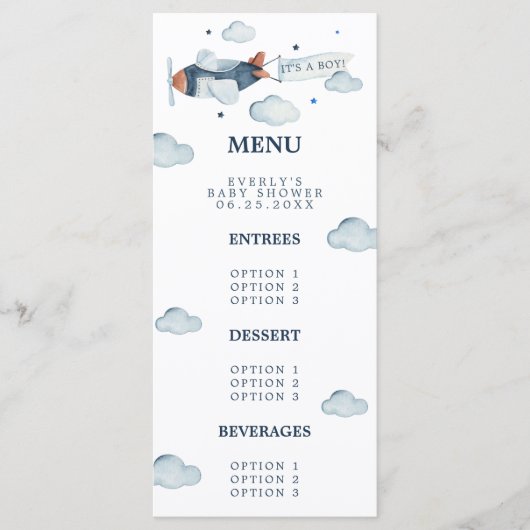 vliegtuig Het is een Baby shower-menu Menu (Voorkant)