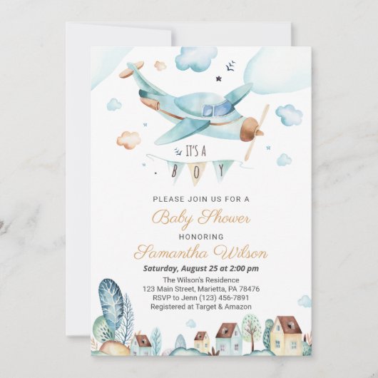 Vliegtuig Het is een Jongen Baby shower Uitnodigin Kaart (Voorkant)