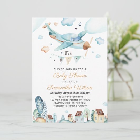Vliegtuig Het is een Jongen Baby shower Uitnodigin Kaart (Staand voorkant)