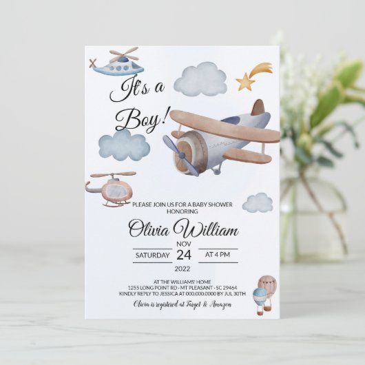 Vliegtuig Het is een Jongen Baby shower Uitnodigin Kaart (Staand voorkant)