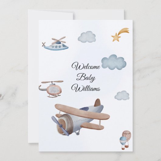 Vliegtuig Het is een Jongen Baby shower Uitnodigin Kaart (Achterkant)