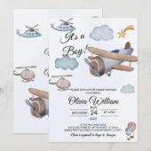 Vliegtuig Het is een Jongen Baby shower Uitnodigin Kaart (Voorkant / Achterkant)