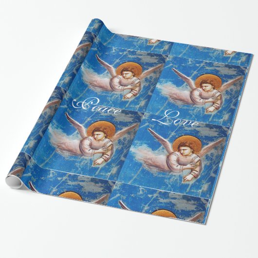 VLIEGTUIG IN BLUE CHRISTMAS JOY PEACE LOVE CADEAUPAPIER (Uitgerold)