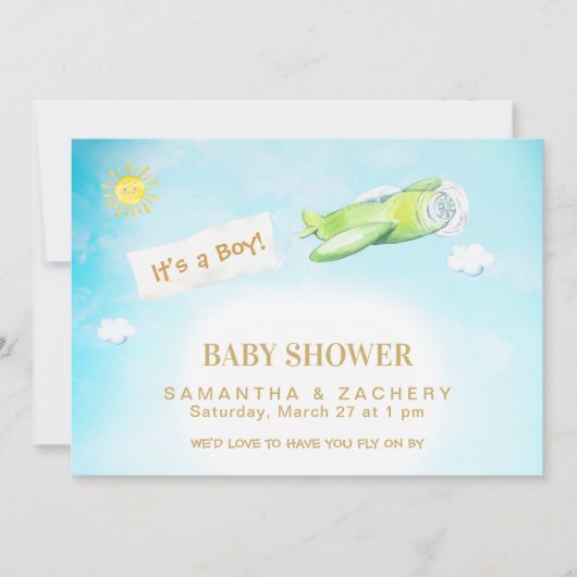 ** Vliegtuig in Cloudy Sky Boy Baby shower Kaart (Voorkant)