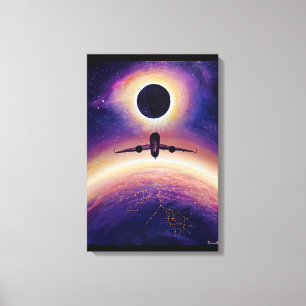 Vliegtuig in vlucht stad en eclips canvas afdruk