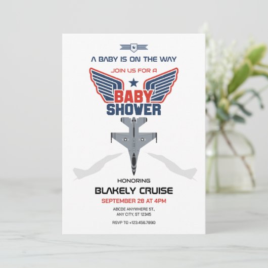 Vliegtuig jet baby shower kaart (Staand voorkant)
