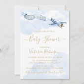 Vliegtuig Jongen Blauw Goud Baby shower Kaart (Voorkant)