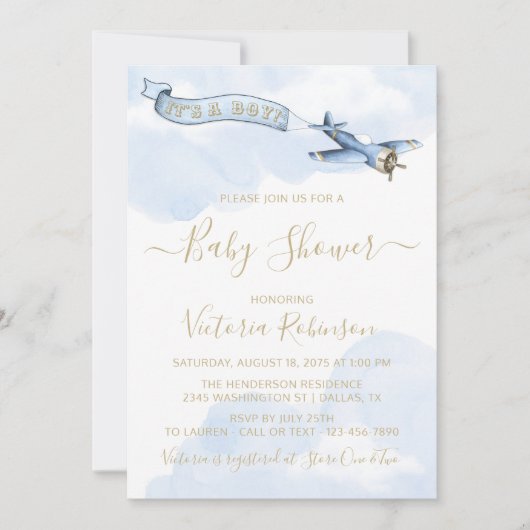  Vliegtuig Jongen Blauw Goud Baby shower Kaart (Voorkant)
