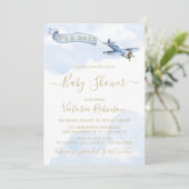  Vliegtuig Jongen Blauw Goud Baby shower Kaart (Staand voorkant)