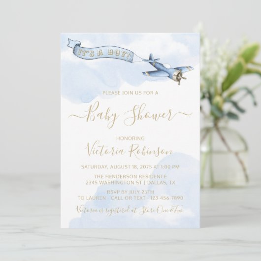  Vliegtuig Jongen Blauw Goud Baby shower Kaart (Staand voorkant)