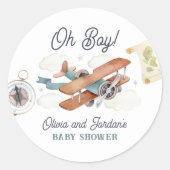  Vliegtuig Jongen Reizen Baby shower Favor Ronde Sticker (Voorkant)