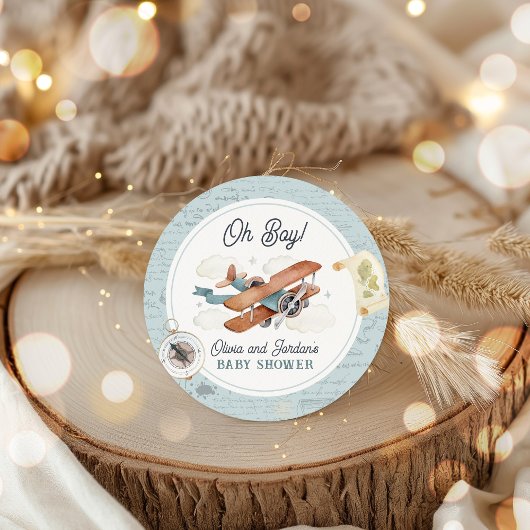  Vliegtuig Jongen Reizen Baby shower Favor Ronde Sticker