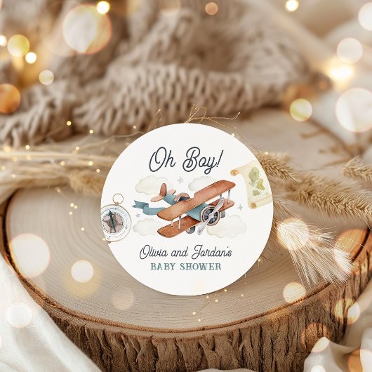  Vliegtuig Jongen Reizen Baby shower Favor Ronde Sticker