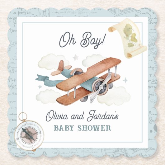 Vliegtuig Jongen Reizen Baby shower Kartonnen Onderzetters (Voorkant)