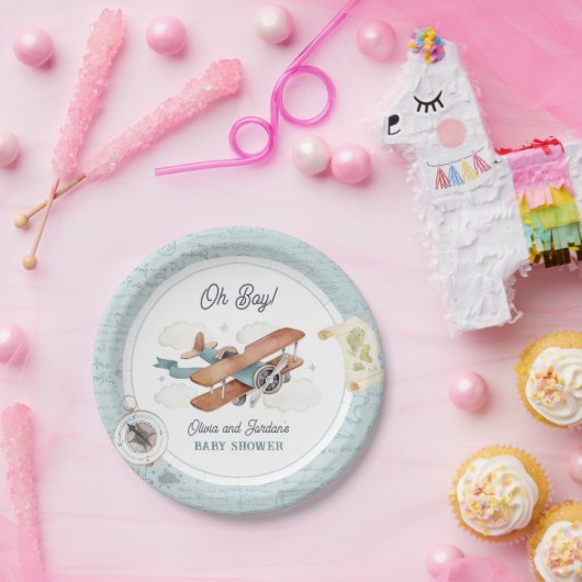  Vliegtuig Jongen Reizen Baby shower Papieren Bordje (Feest)