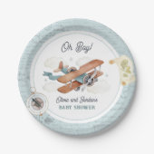  Vliegtuig Jongen Reizen Baby shower Papieren Bordje (Voorkant)