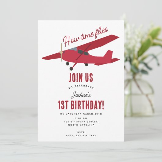 Vliegtuig Kinder 1e verjaardag Party Time Flies Kaart (Staand voorkant)