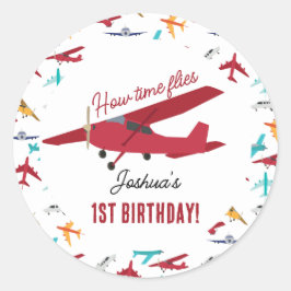 Vliegtuig Kinder 1e verjaardag Party Time Flies Ronde Sticker