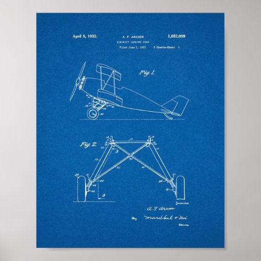 Vliegtuig Landing Gear Patent - Blauwdruk Poster (Voorkant)