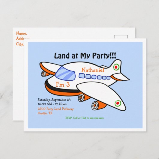 Vliegtuig landt op mijn verjaardag Blue II Party Uitnodiging Briefkaart (Voorkant / Achterkant)