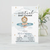 Vliegtuig Leeuw Wolken Stippen Virtuele Baby Showe Kaart (Staand voorkant)
