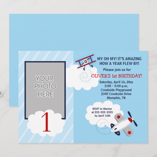 Vliegtuig Little Aviator Red/Blue Photo Birthday Kaart (Voorkant / Achterkant)