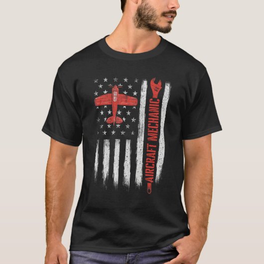 Vliegtuig Mechanic American Flag Plane Aviation Te T-shirt (Voorkant)