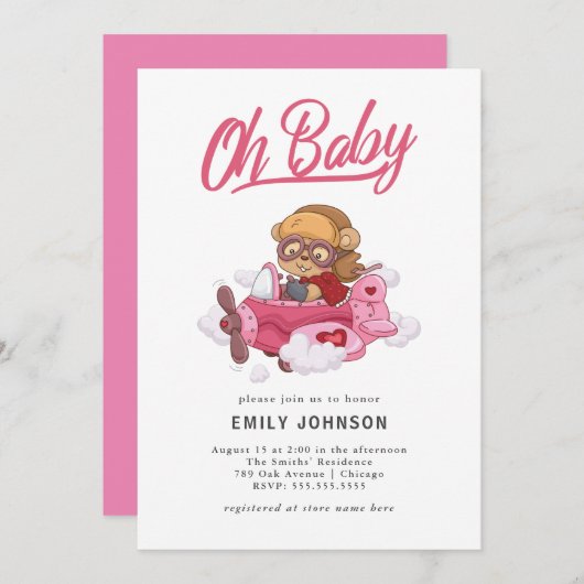 Vliegtuig Meisje Baby shower Uitnodiging (Voorkant / Achterkant)