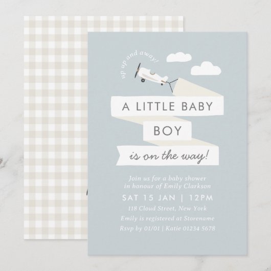 vliegtuig met banner Baby shower uitnodigen Kaart (Voorkant / Achterkant)