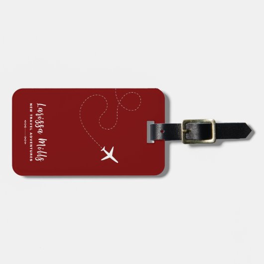 Vliegtuig met gestippelde route donkerrood bagagelabel (Voorkant horizontaal)