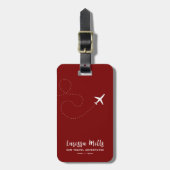 Vliegtuig met gestippelde route donkerrood bagagelabel (Voorkant verticaal)