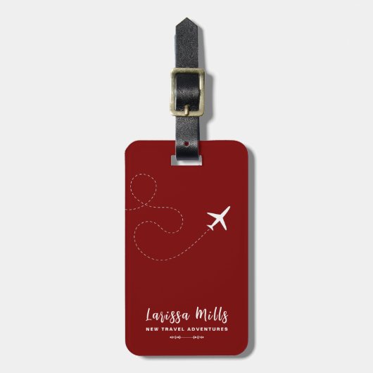 Vliegtuig met gestippelde route donkerrood bagagelabel (Voorkant verticaal)